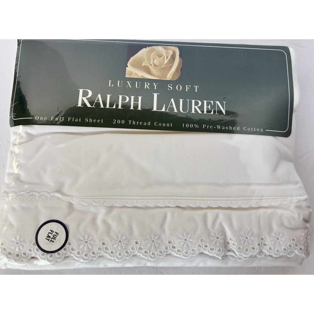 Ralph Lauren Chaumont Eyelet Lace Full FLAT SHEET Cottagecore White Cotton New!